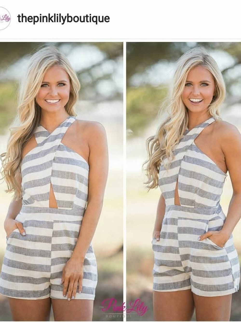 Pink Lily Gray & White Striped Cross-Neck Romper NWT